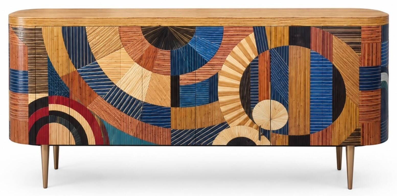 A beech wood Art Deco sideboard with polychrome marquetry.