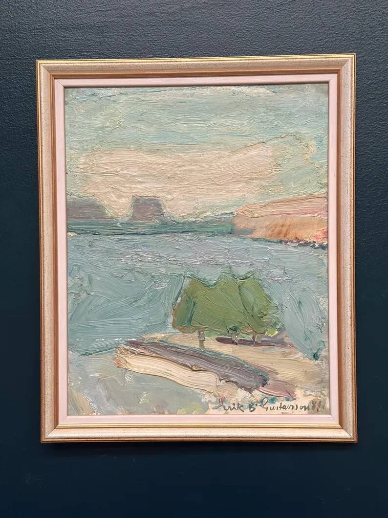 Original Swedish Oil on Canvas – "Coastal Landscape" by Erik Birger Gustavsson – Signed – Dated 1981 – Vintage and Framed – 41 × 33 cm (16.1 × 13 inches)