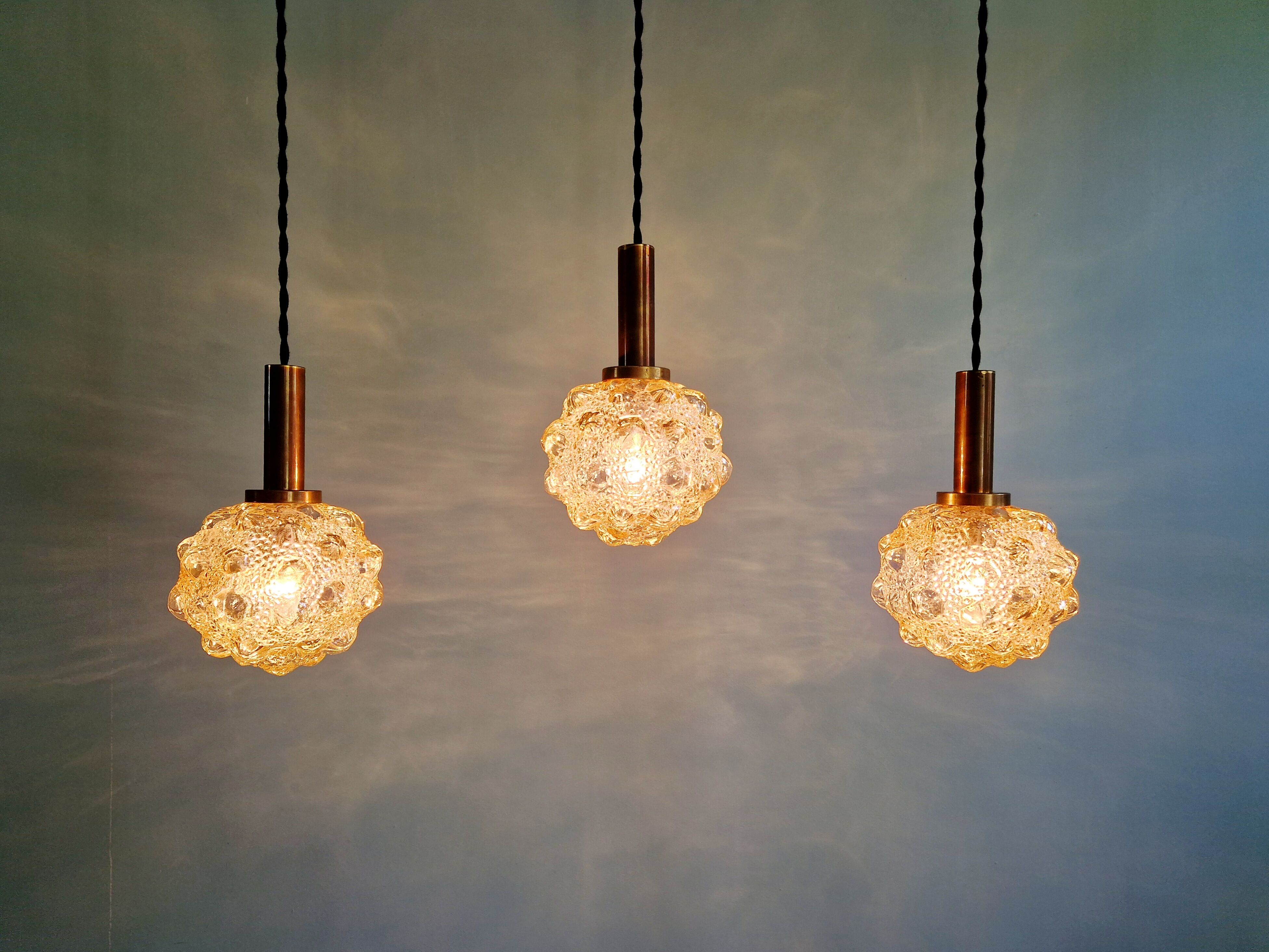 Amber bubble glass suspension trio, design H. Tynell, 1970