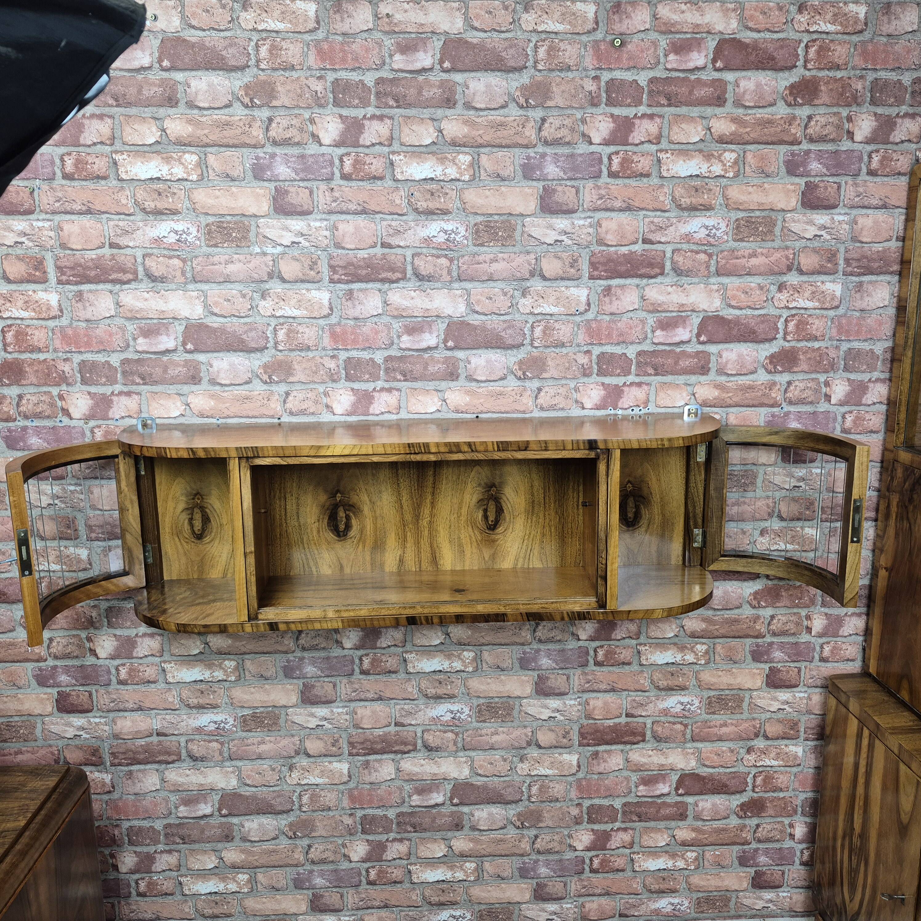 Rare 3-Zone Art Deco Walnut Wall Display Cabinet with Slatted Glass Doors
