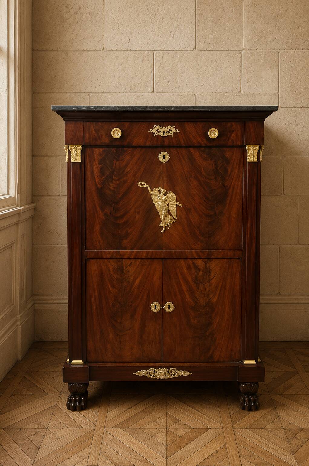 Rare four-column secretary from the Empire period in flame mahogany and bronze.