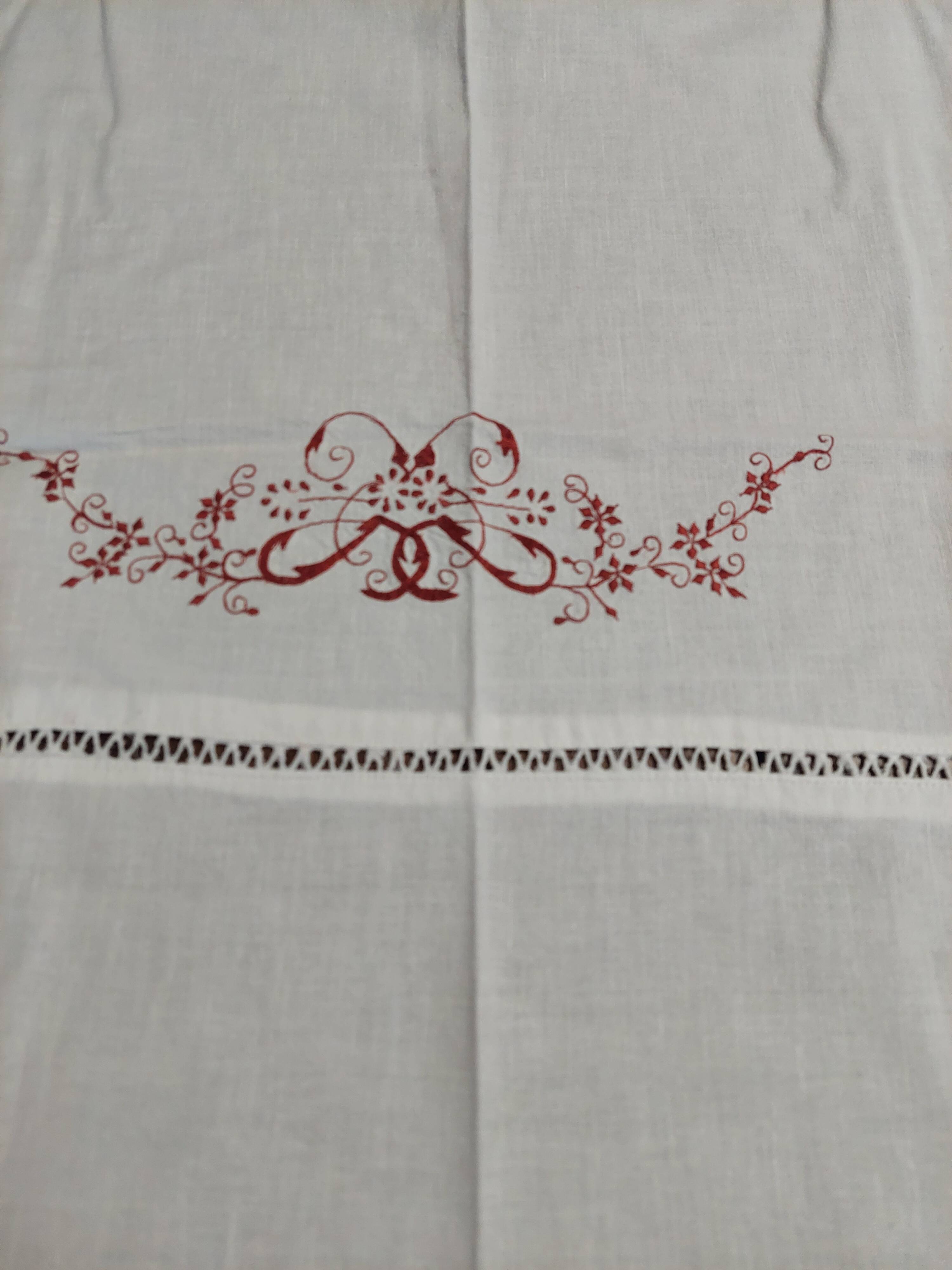 Antique white cotton tablecloth with red embroidery 135 x 145 cm
