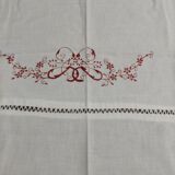 Antique white cotton tablecloth with red embroidery 135 x 145 cm