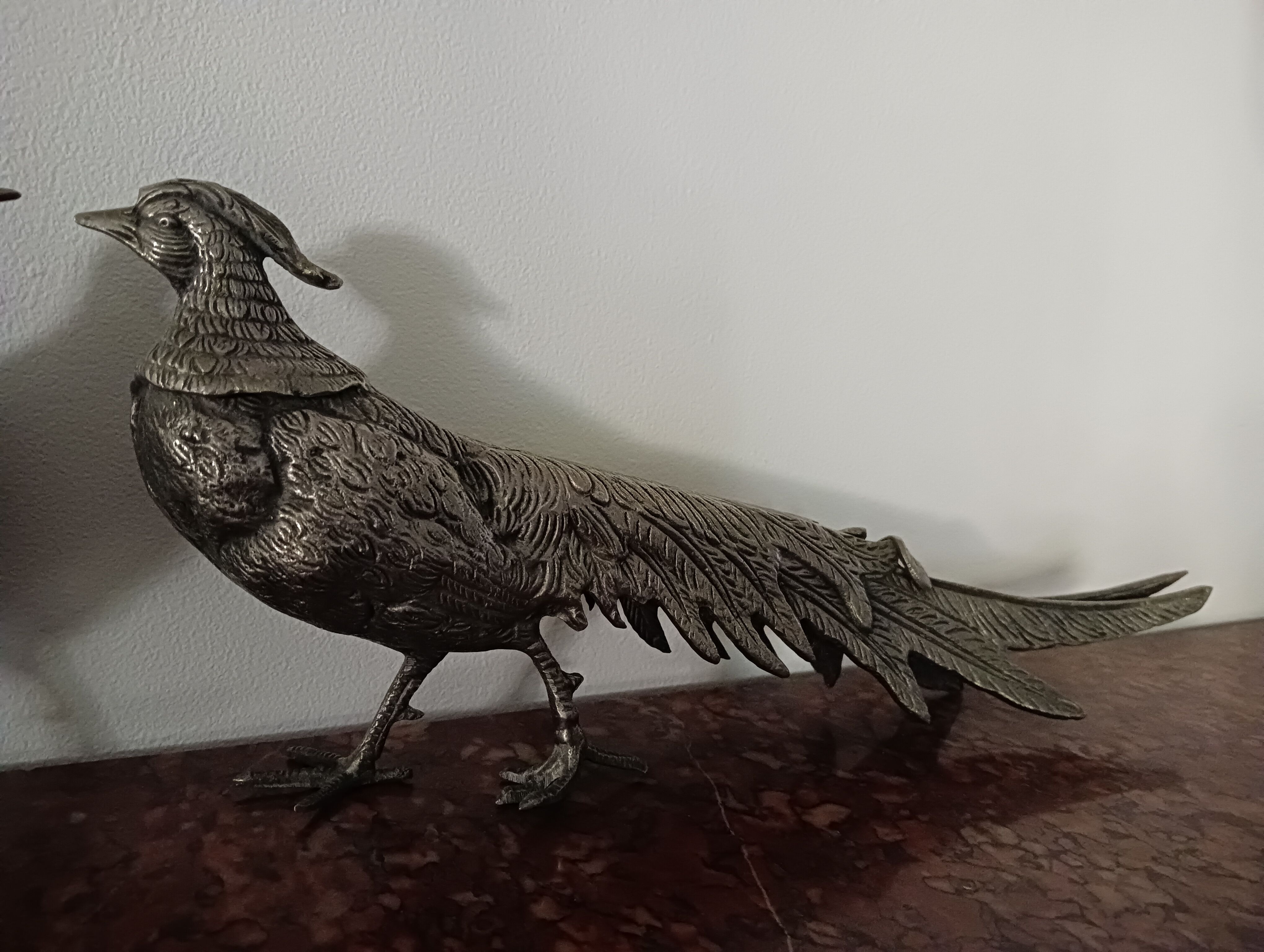 Pair of pheasants in silver metal, 1970