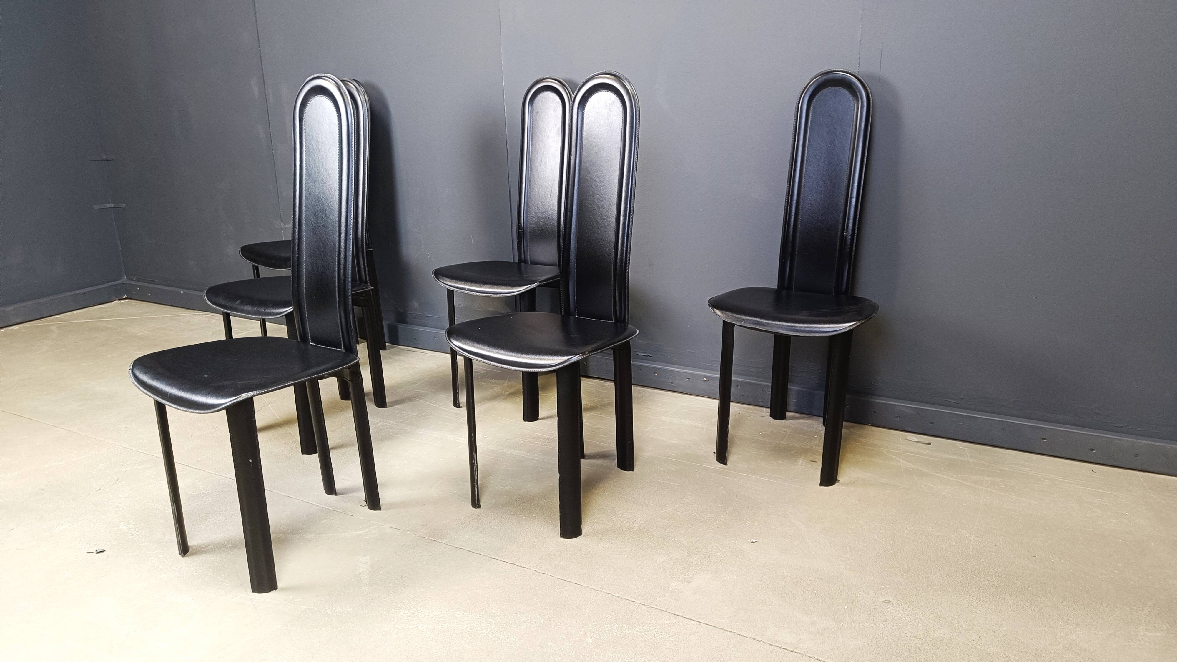 Set of 6 high back leather dining chairs, 1980s