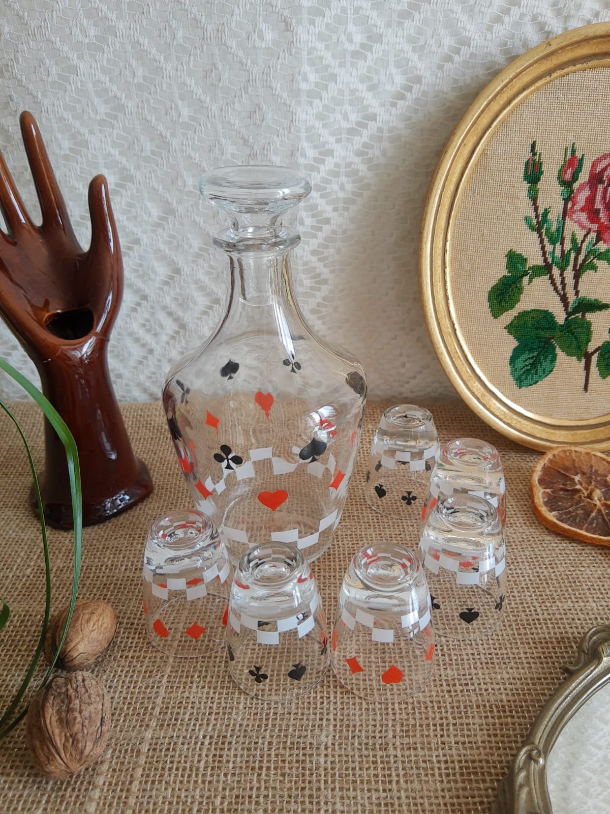 Service à liqueur jeu de cartes pique trèfle carreau et cœur - Vintage