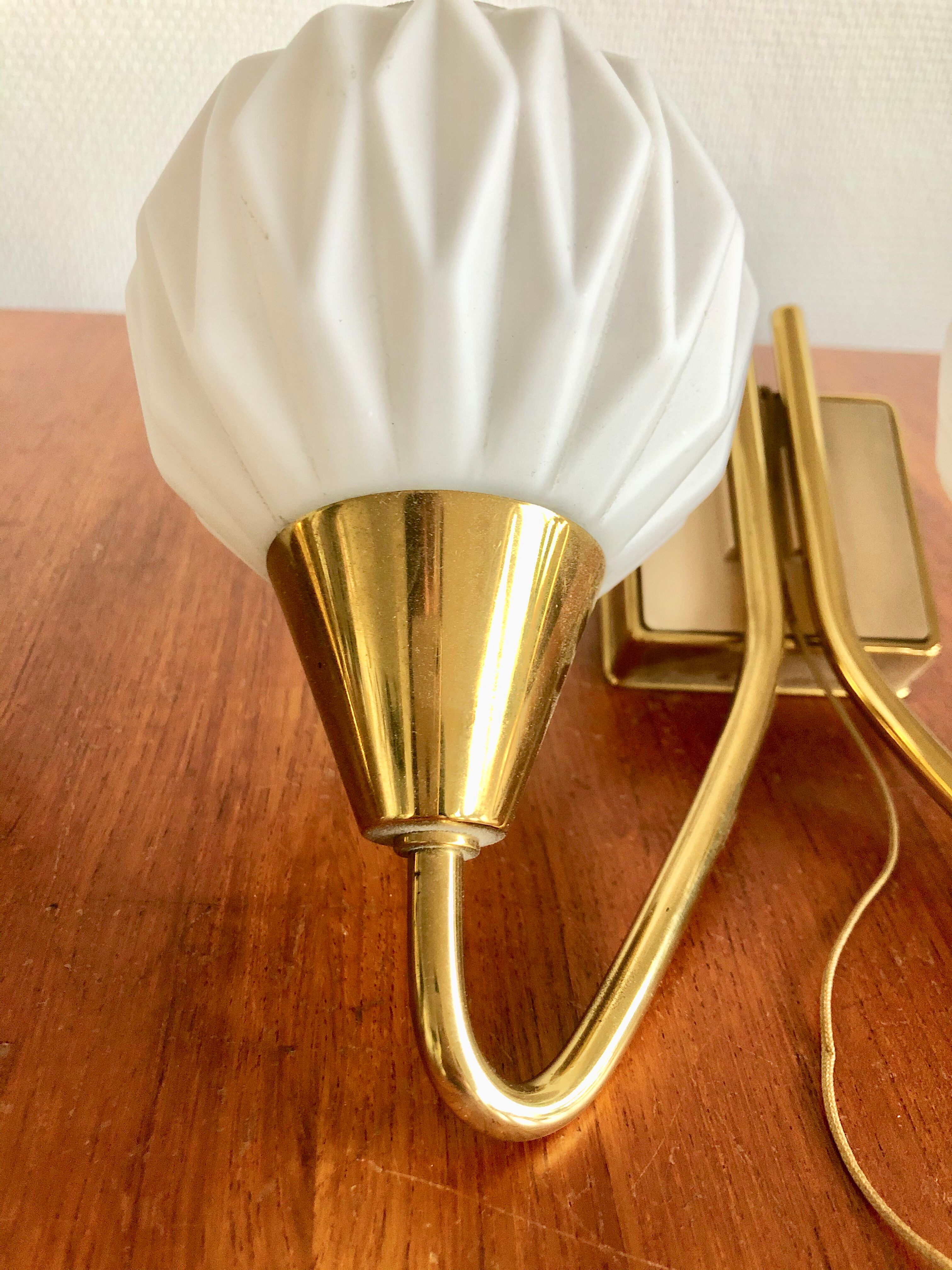 Pair of double origami opaline brass wall lamps