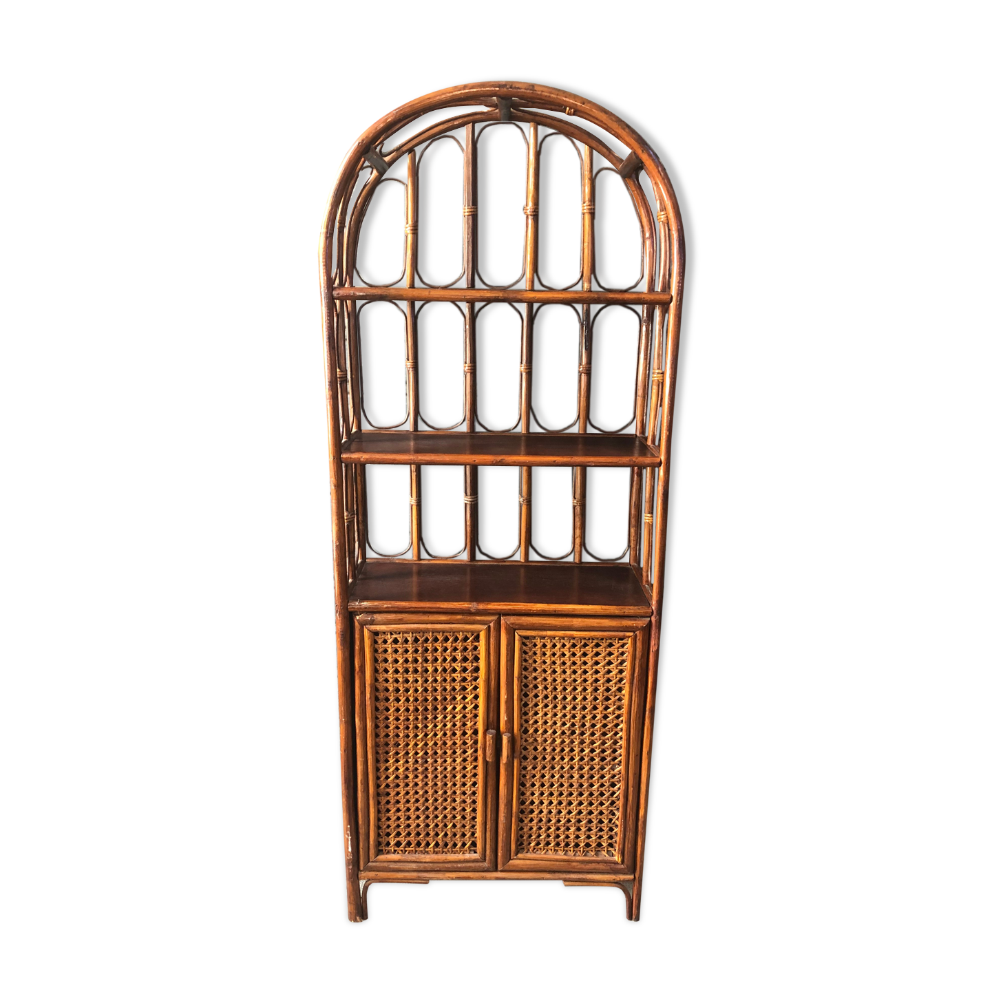 Rattan shelf with storage from the 1970s