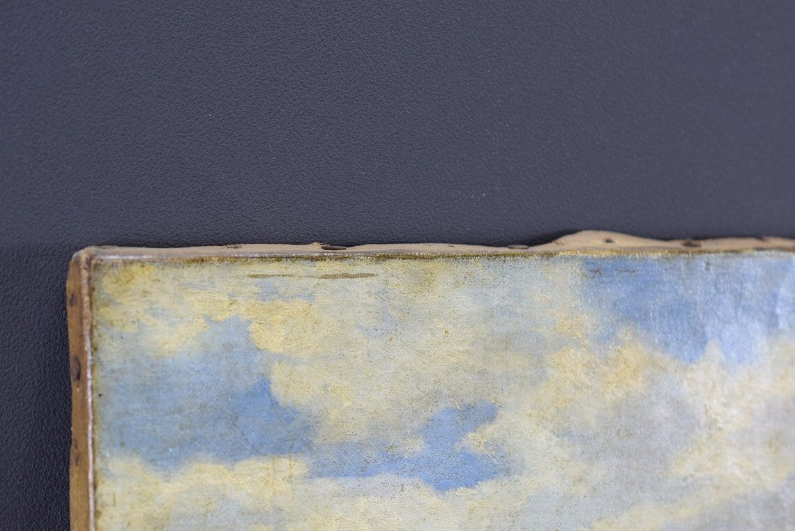 Old painting french pastoral school boat