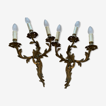 Pair of 19th gilded bronze sconces 3 arms of light Louis XV style