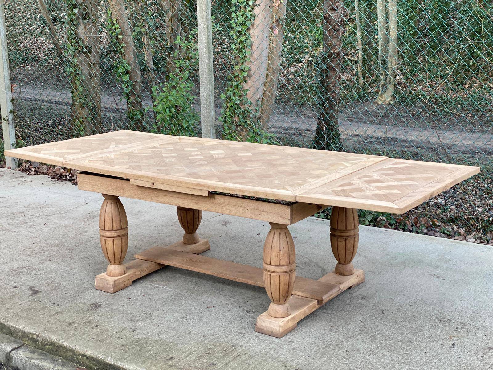 Renovated Art Deco monastery table, extendable, in raw oak, 250cm.