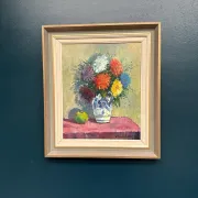 Original Swedish Oil on Canvas – “Asters in a Ceramic Vase” by Eric Lundgren – Signed – Vintage and Framed – 60 × 54 cm (23.6" × 21.3")