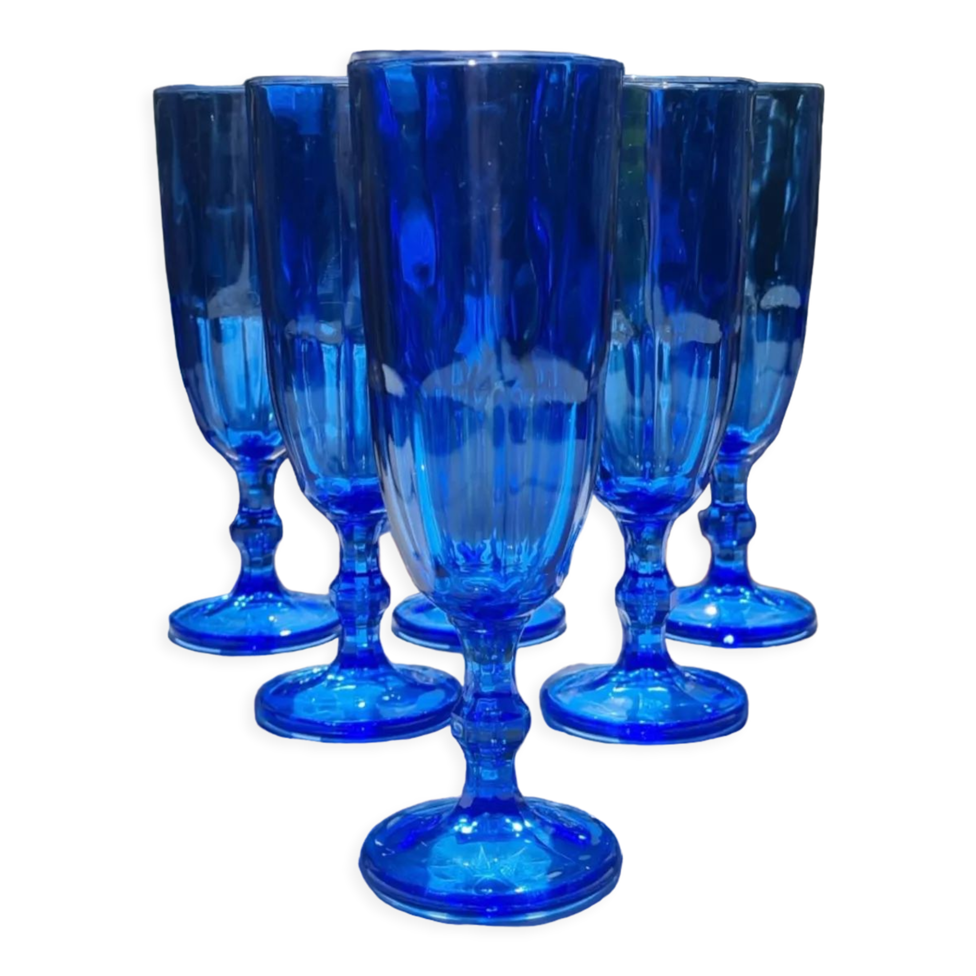 6 cobalt crystal blue champagne flutes