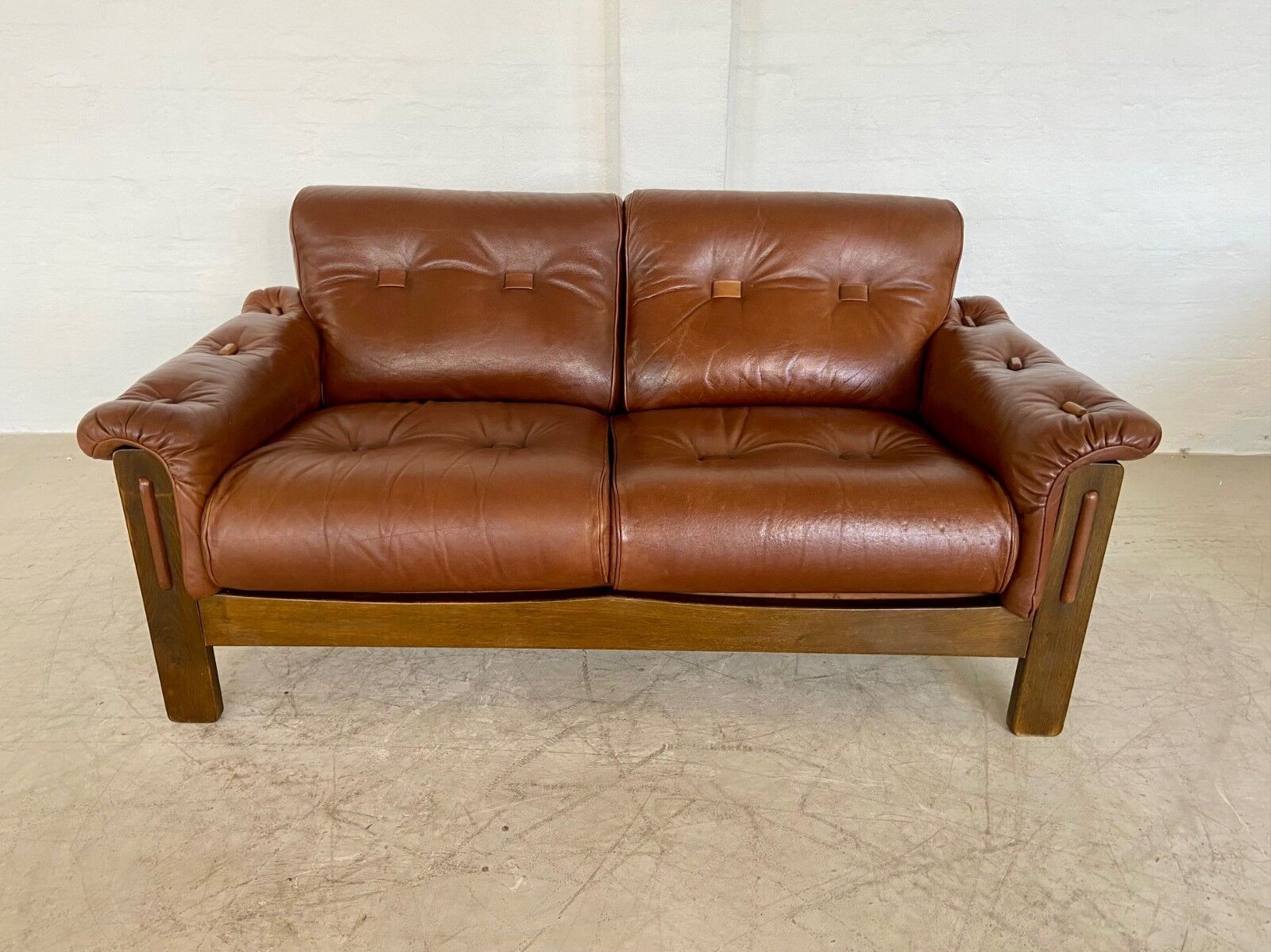 Vintage Danish mid-century cognac brown leather 2-seater Stouby 1970s