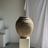 Immense light grey antique-style pot with a crosshatch lid and handles.