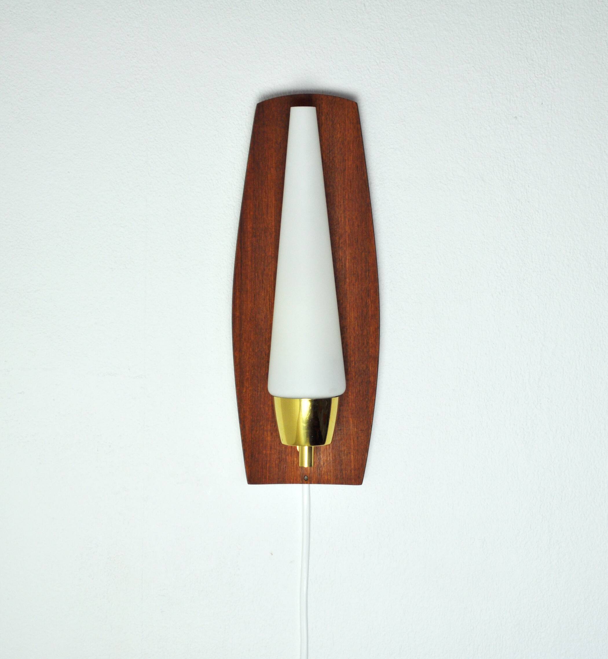 Scandinavian Modern Danish Wall Light in Teak, Brass and Opaline Glass, 1960s