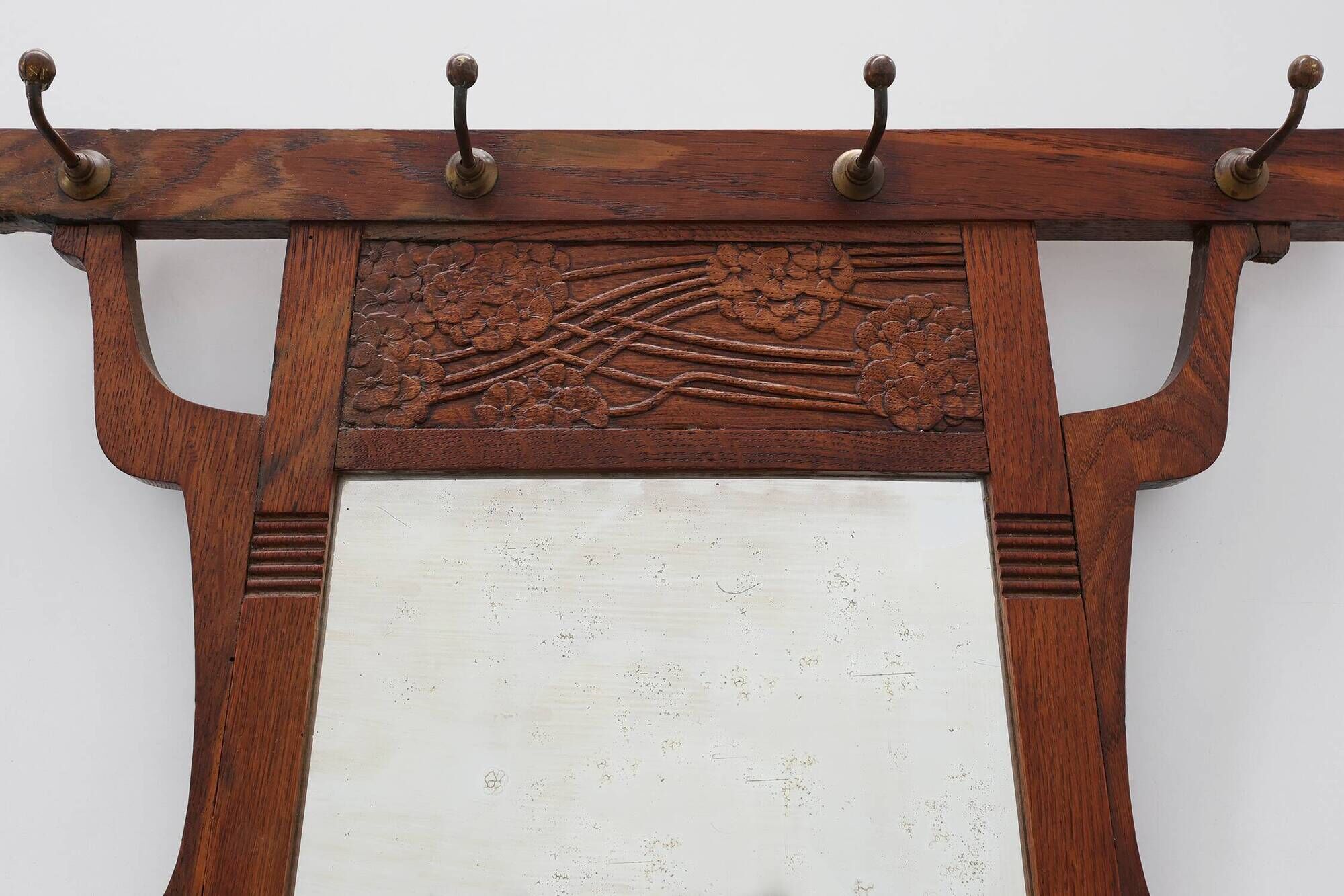 Art Nouveau Oak Coat Rack with Mirror and Floral Carvings, Belgium, circa 1