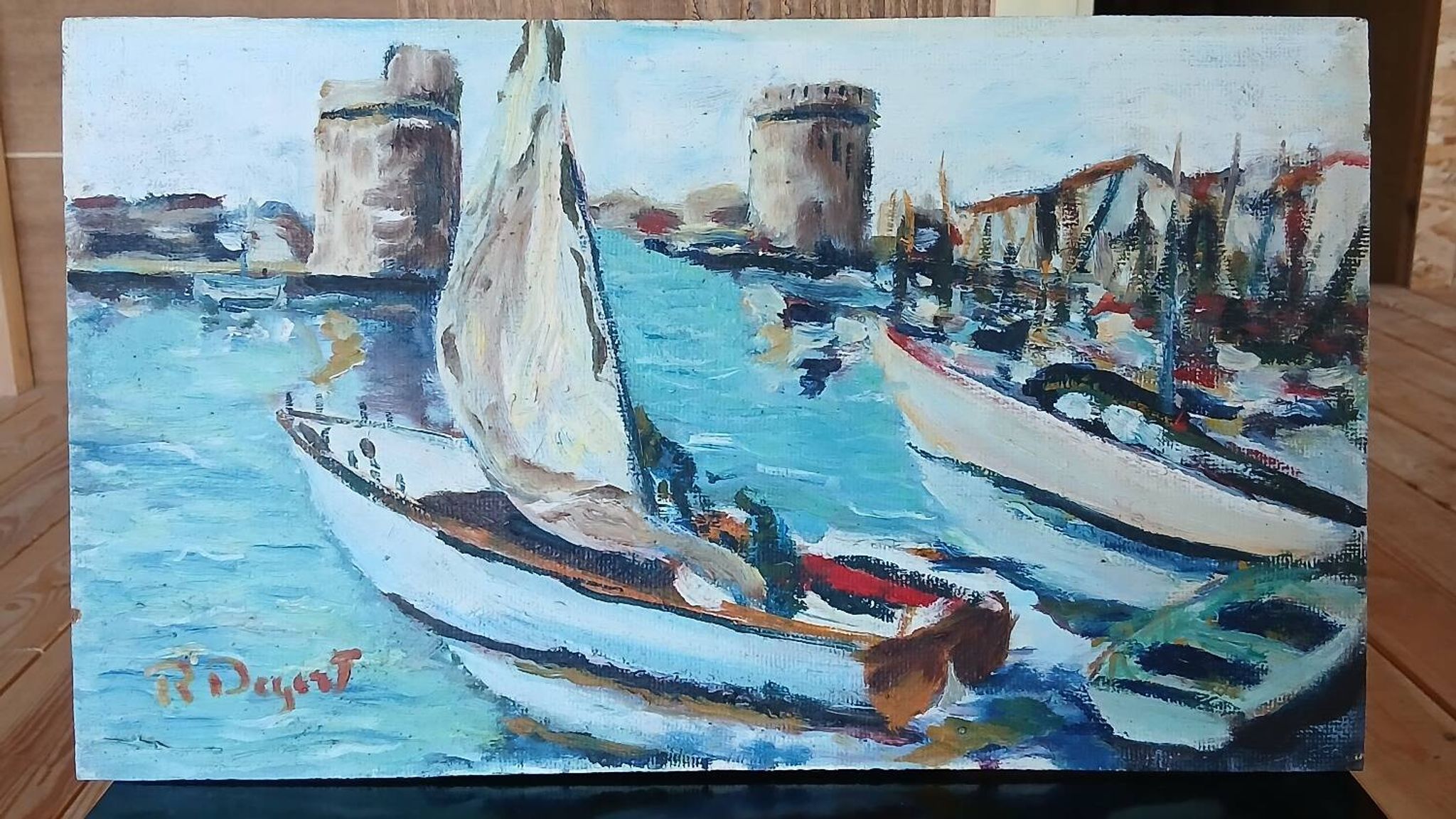 Marine painting, the port of La Rochelle, 1950s