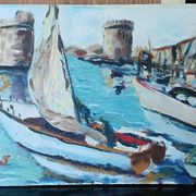 Marine painting, the port of La Rochelle, 1950s