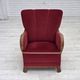 1960s, Danish armchair, red furniture velour, oak wood.