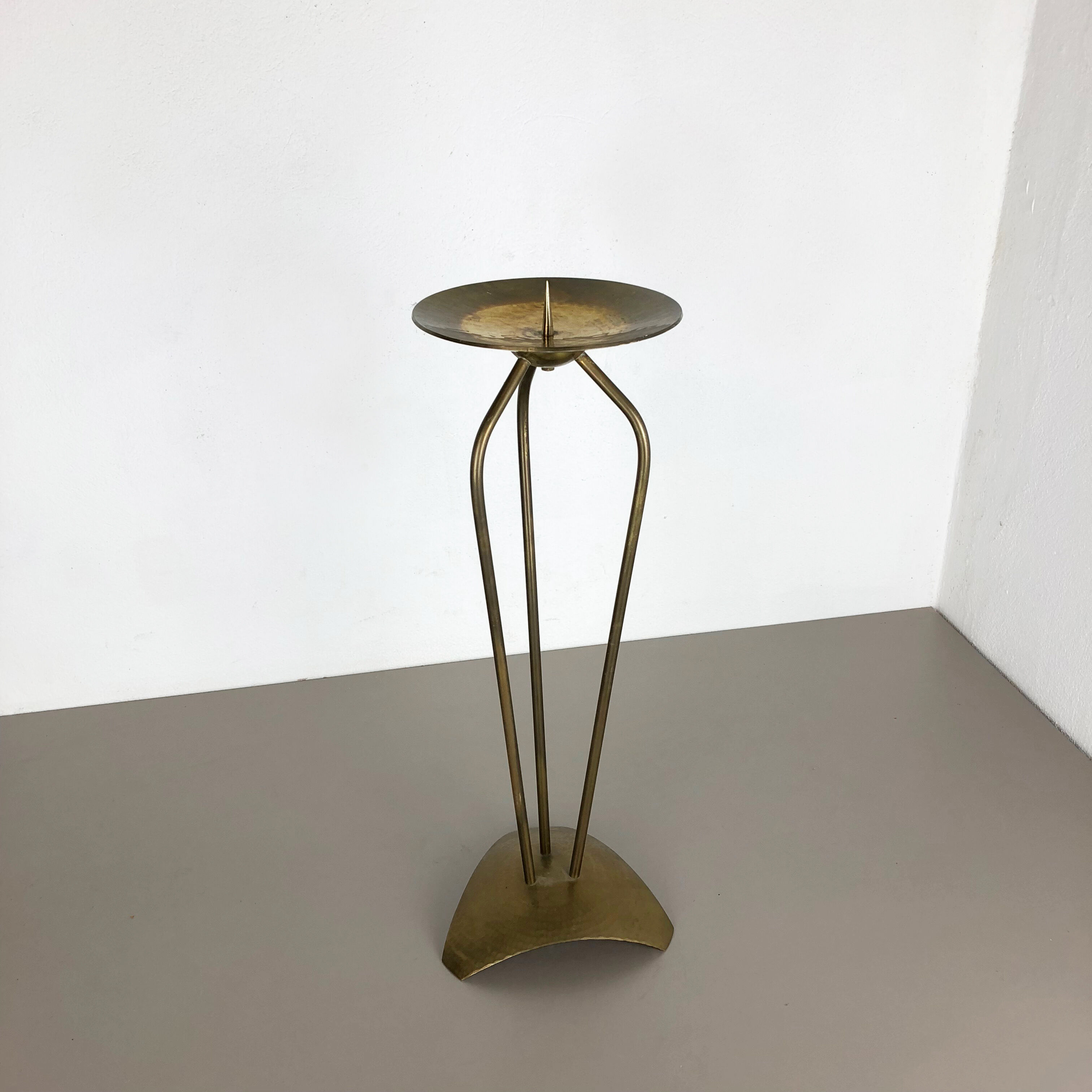 Modernist sculptural brutalist floor brass candleholder, Germany, 1950s