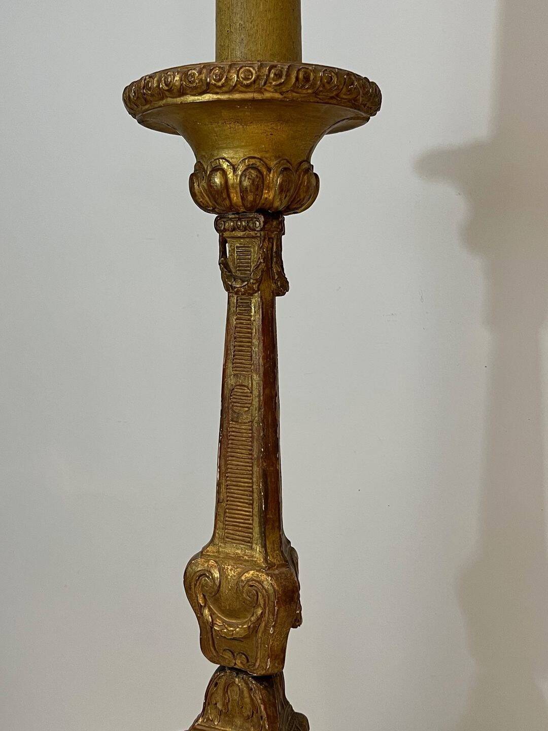 Large Gilded Carved Wooden Candelabrum on Patinated Base, French Work, v