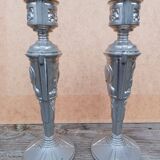 Pair of candlesticks with religious and Art Deco decor