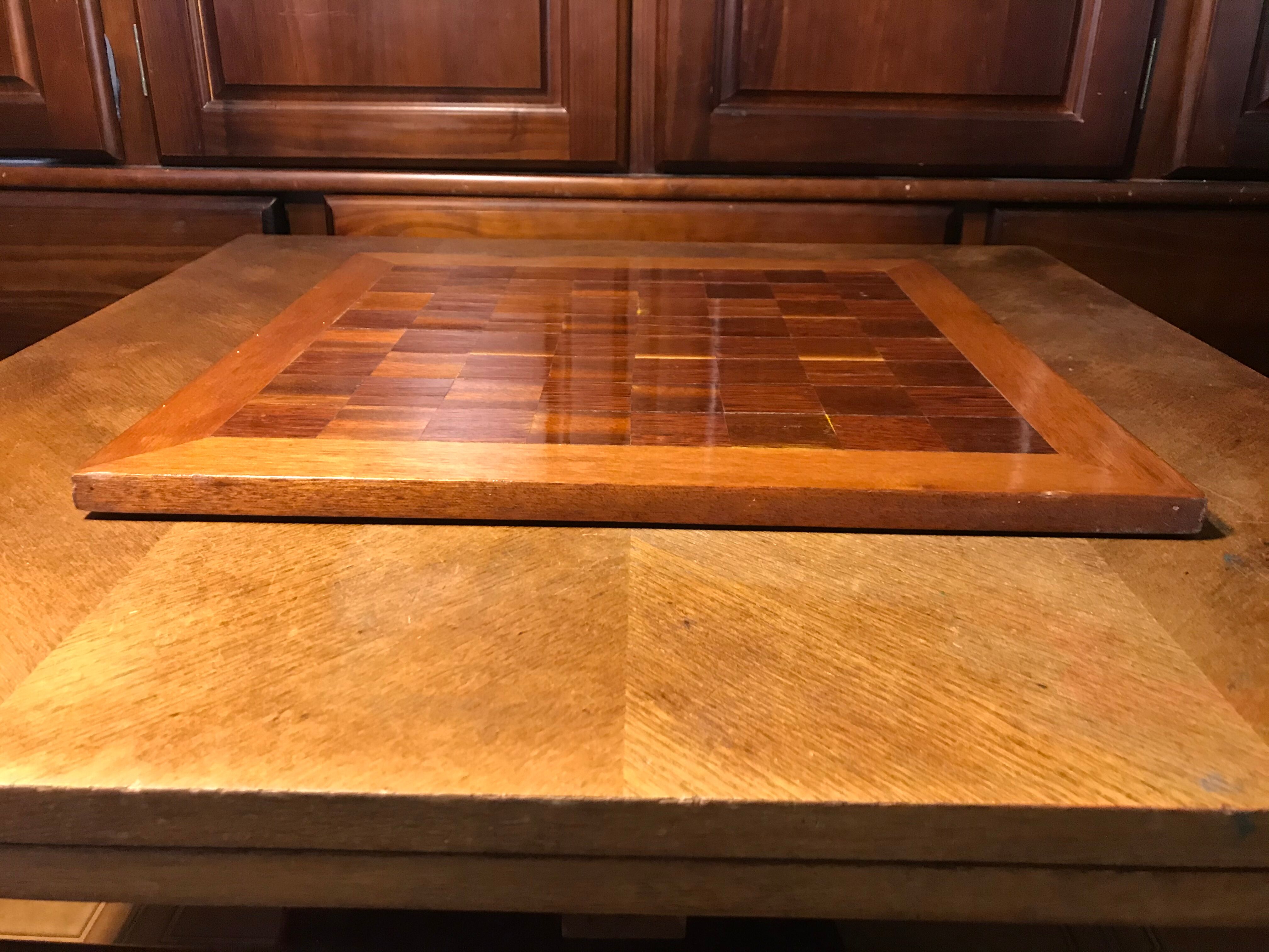 Antique checkers & chess board inlaid with vintage wood marquetry