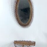 Mid-Century Shelf Console Table with Wall Mirror in rattan and bamboo. Italy 1960s