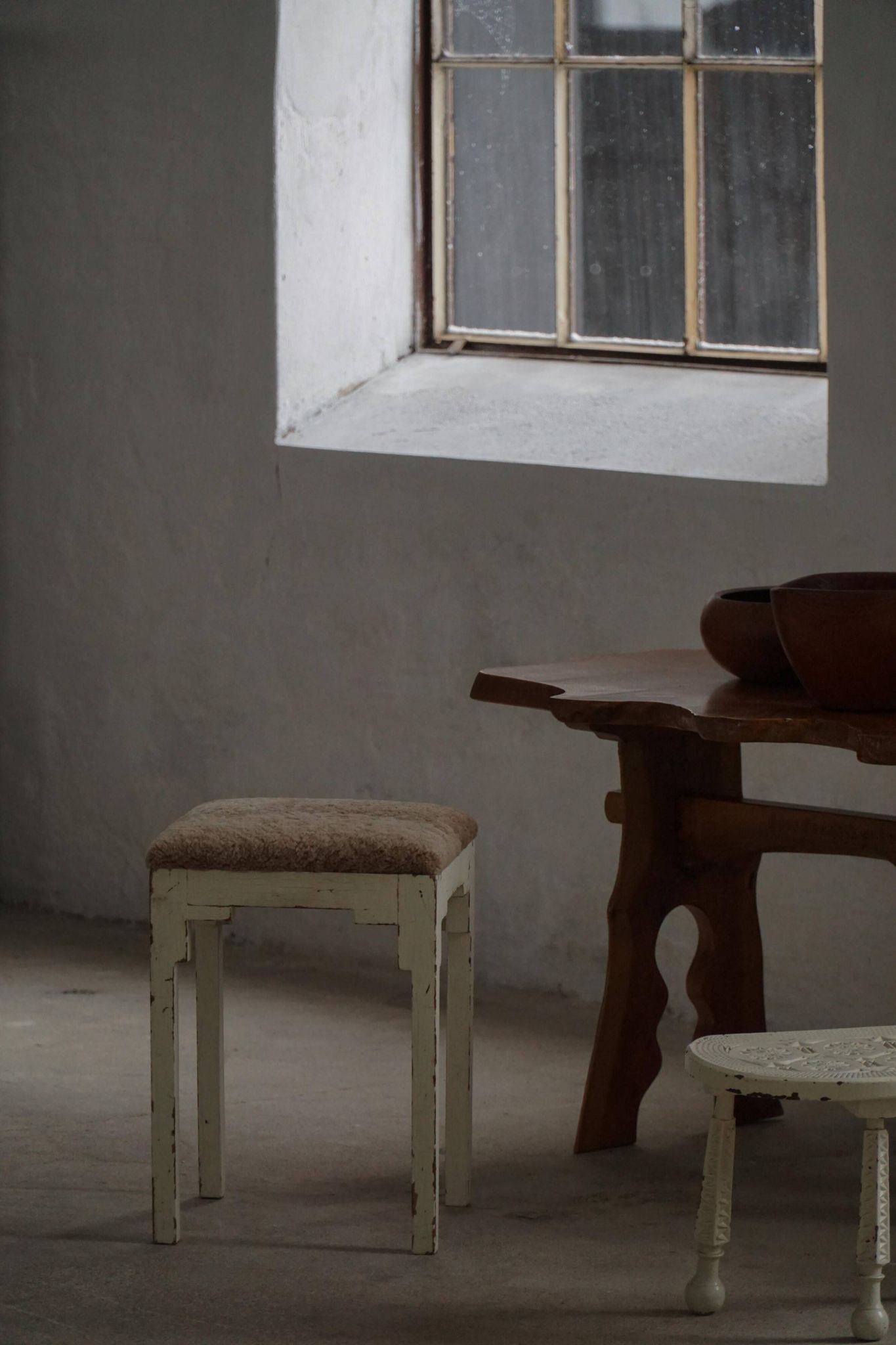 A pair of antique Danish stools, seats in lambswool, late 19th century.