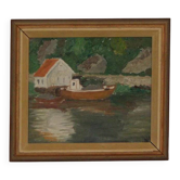 Huile sur toile originale européenne — Maison au bord du lac