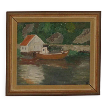 Huile sur toile originale européenne — Maison au bord du lac