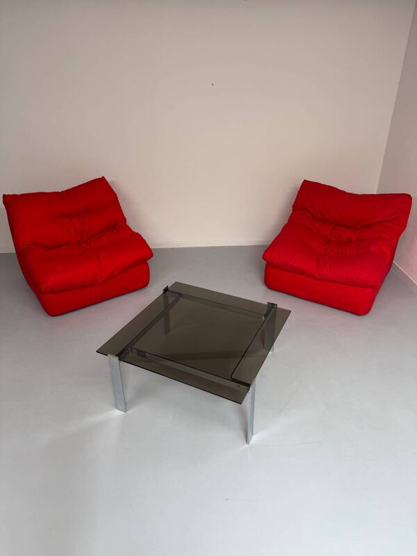 Table basse italienne en verre fumé et acier chromé, années 70