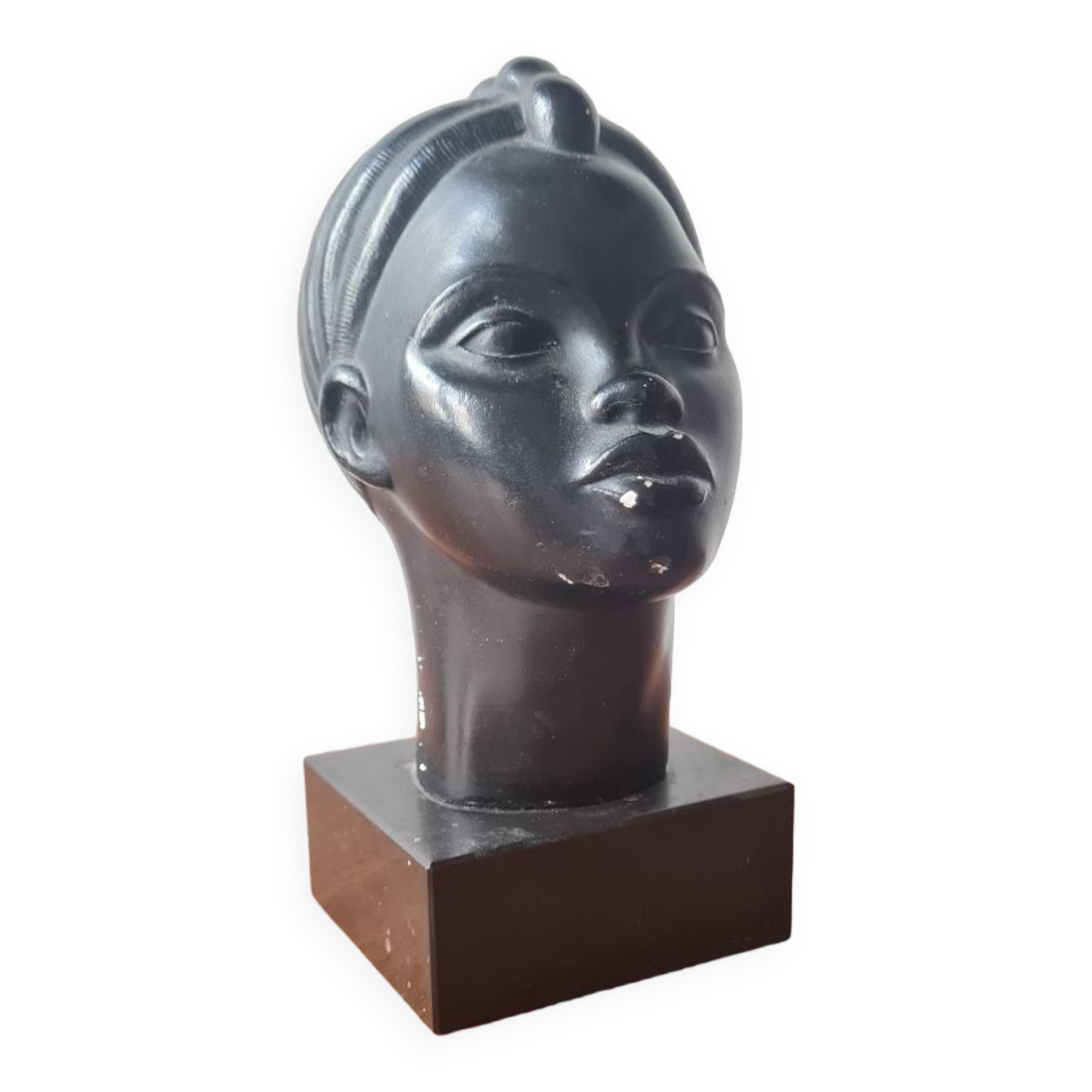 Art deco African woman bust plaster statuette signed Andre C registered