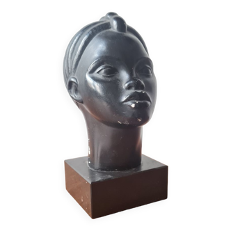 Art deco African woman bust plaster statuette signed Andre C registered