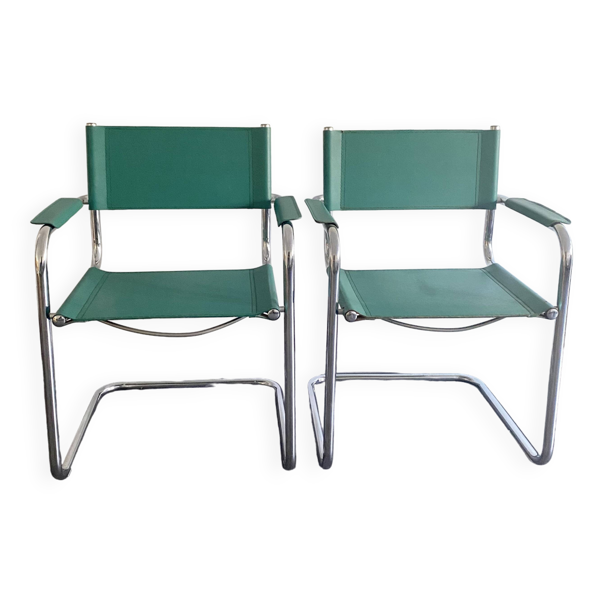 Pair of faux leather and chrome armchairs