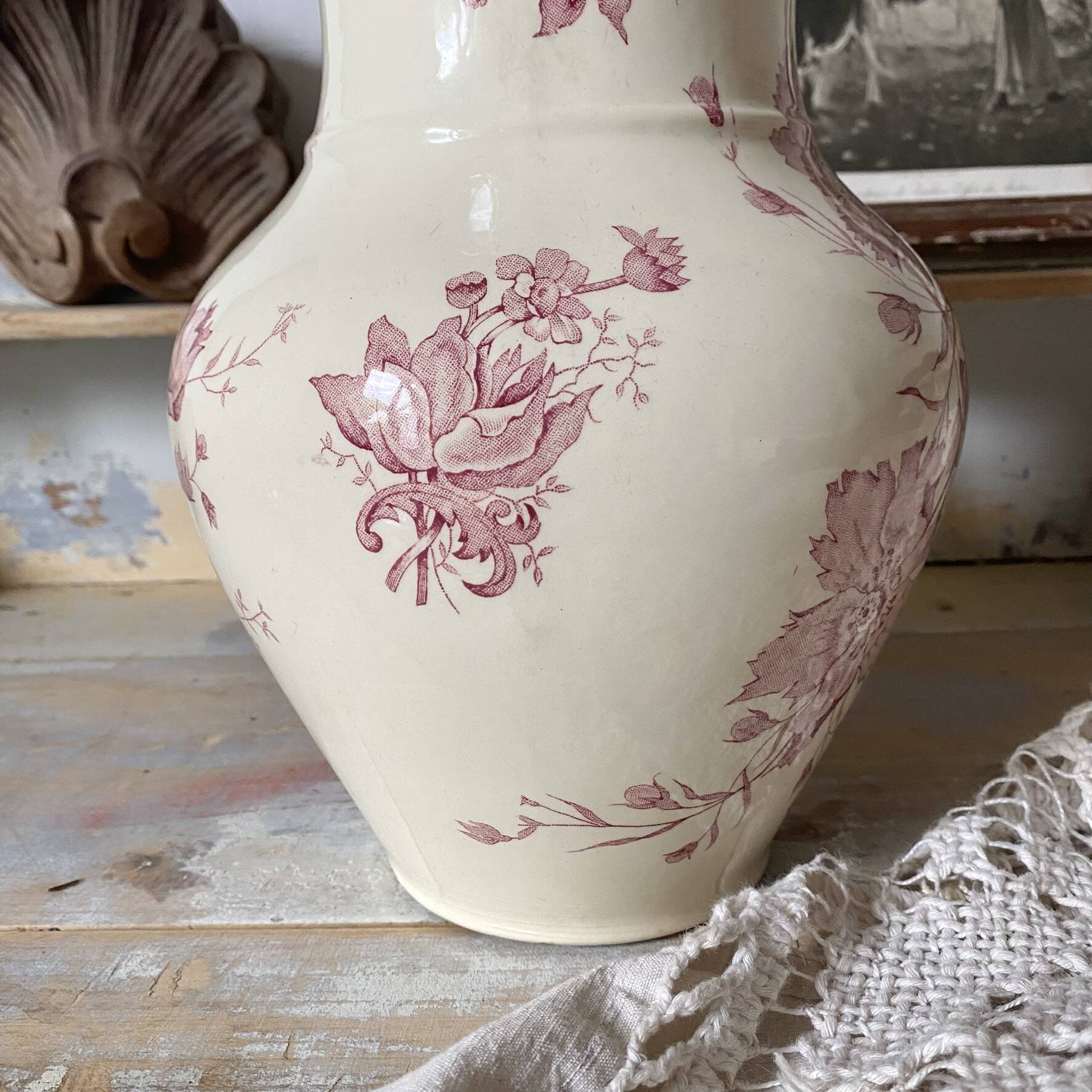 Large ironstone jug St Amand Anemone, antique pitcher