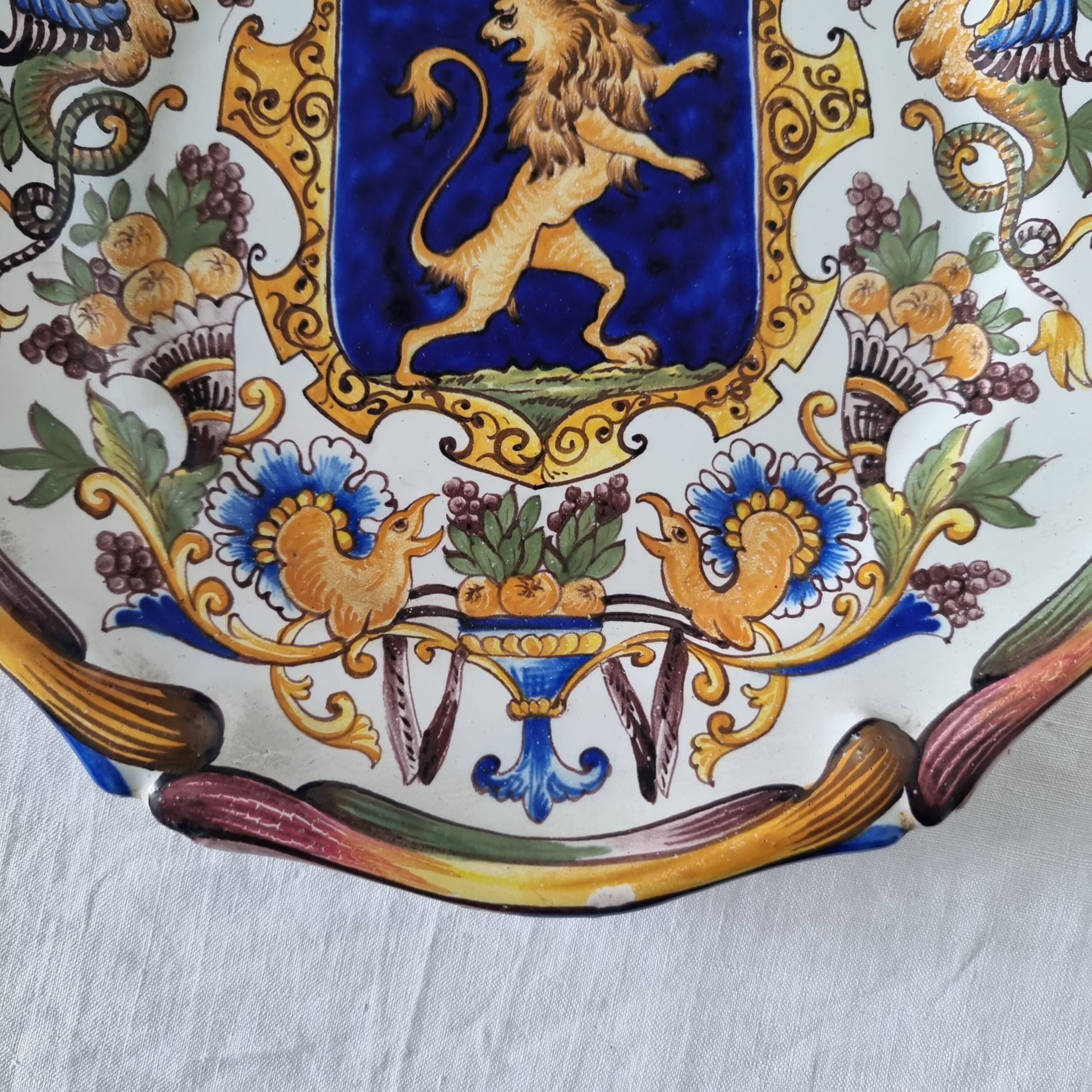 Magnificent antique French earthenware plate with shields signed Keller