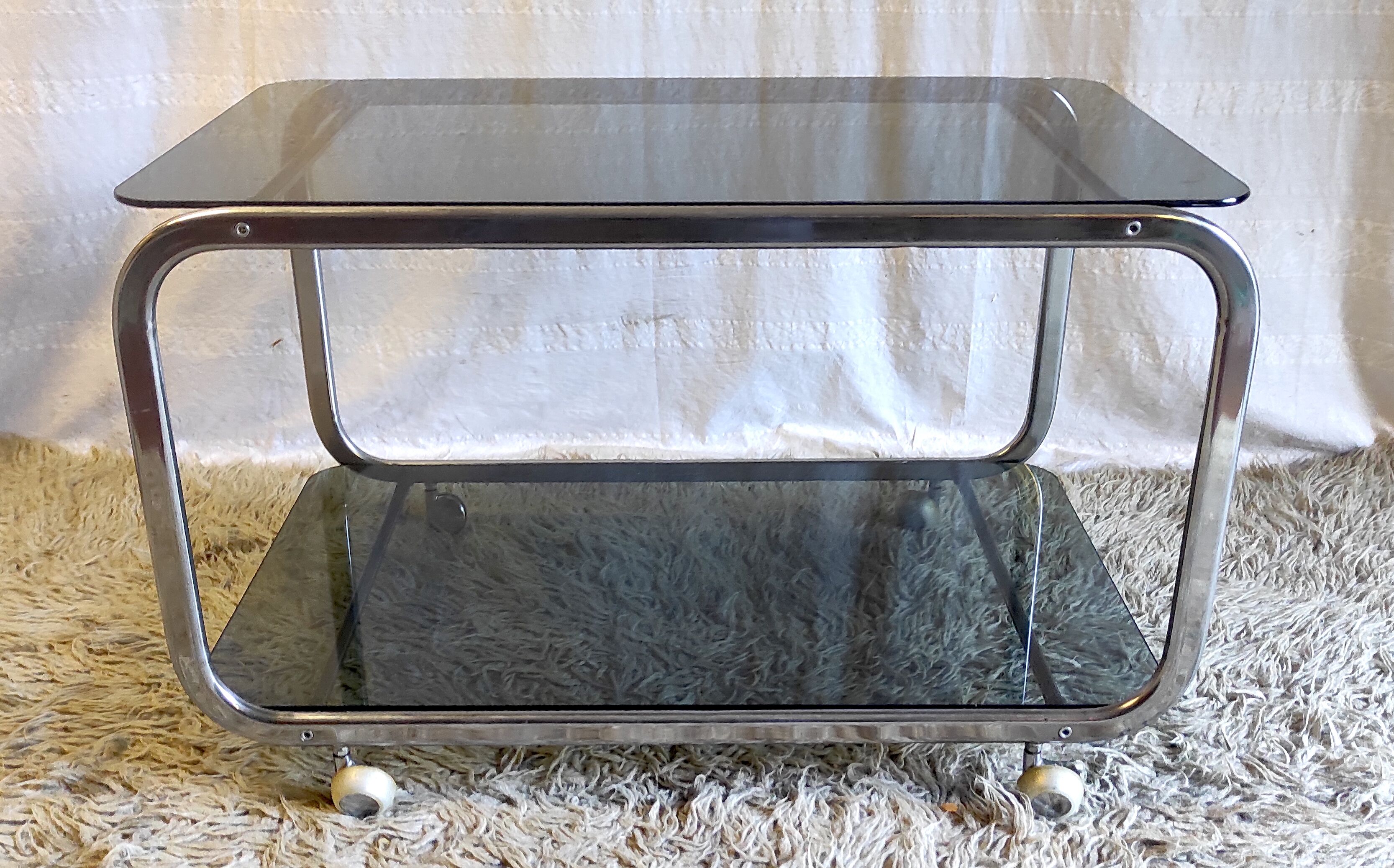 Side table in chromed metal and smoked glass, 60s-70s