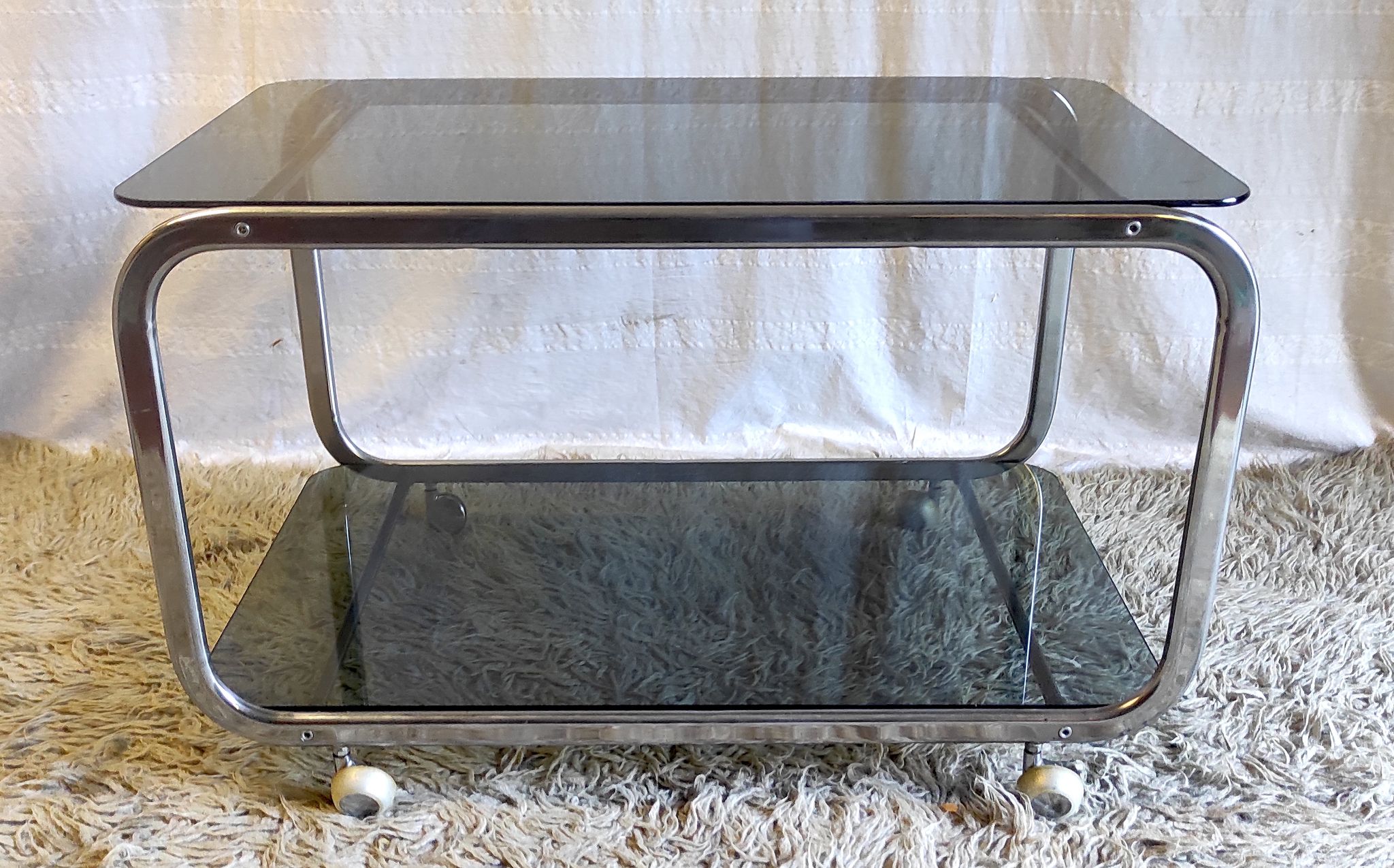 Side table in chromed metal and smoked glass, 60s-70s