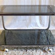Side table in chromed metal and smoked glass, 60s-70s
