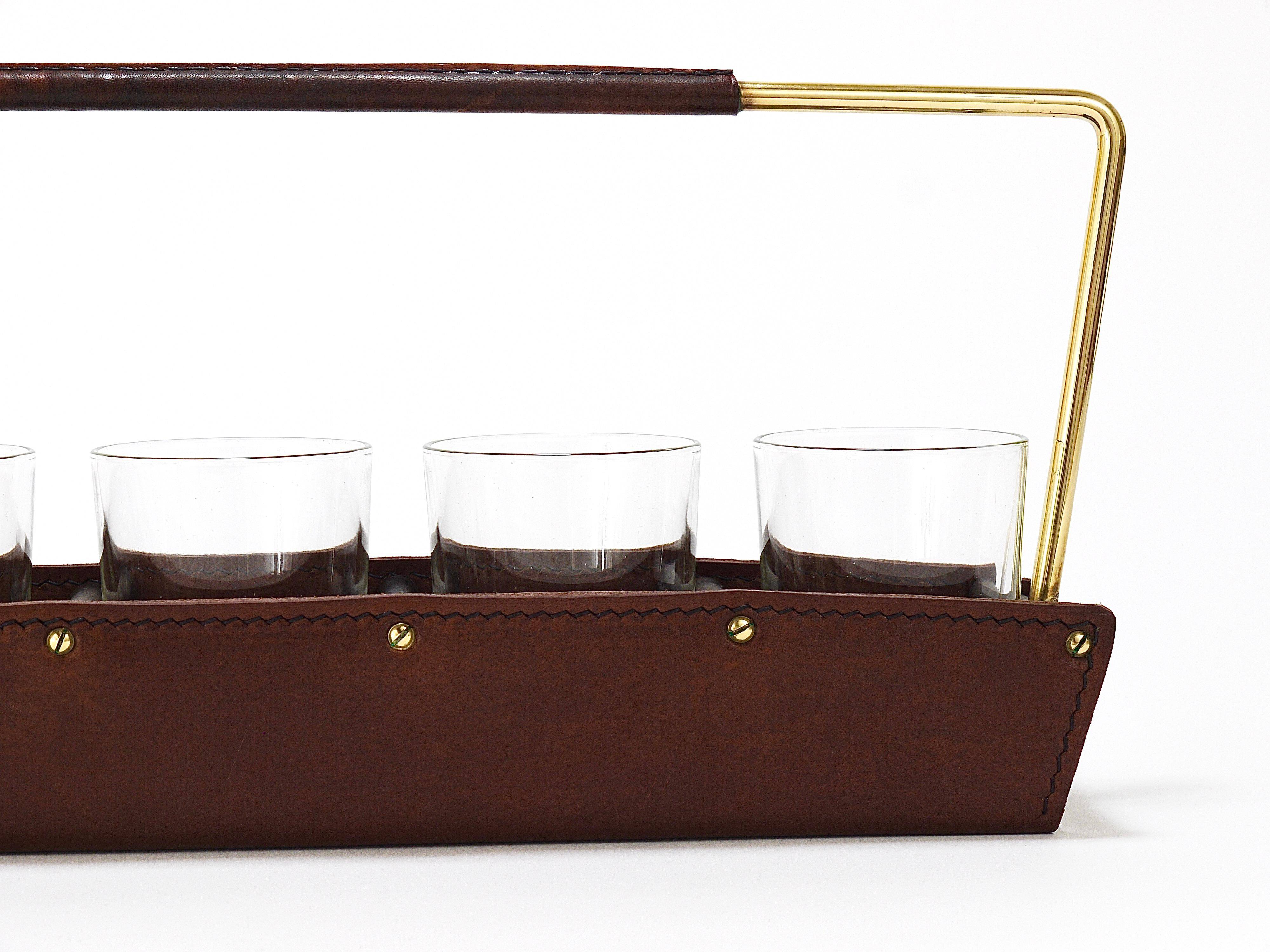 Carl Auböck II drinking glass holder, leather and brass, Austria 1950s