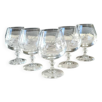Set 5 Liqueur/Cognac glasses in cut crystal. Fleury/Cristal Arques model. Ears of wheat patterns