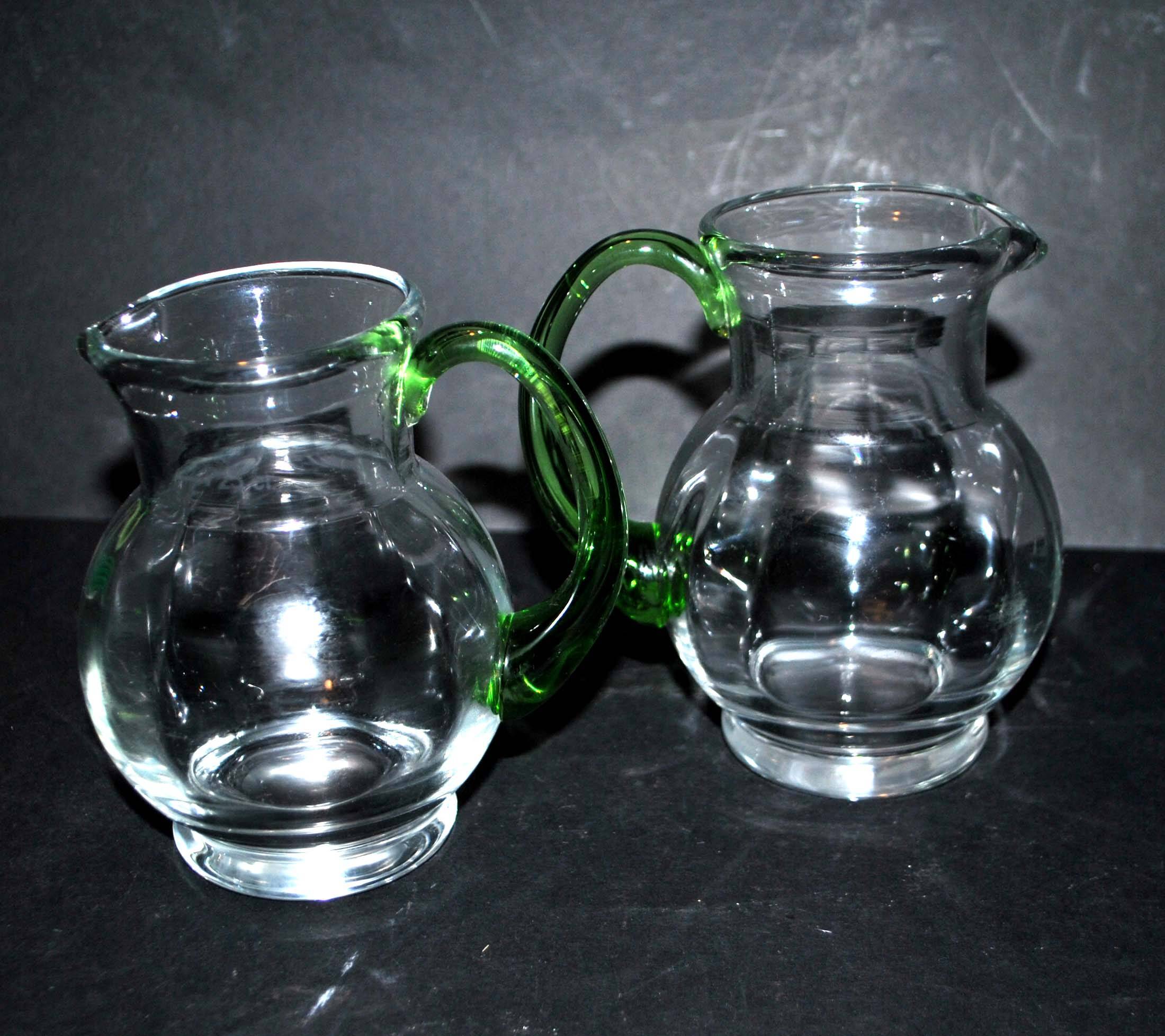 Set of 2 small blown glass wine pitchers - vintage green Alsatian balloon pitcher