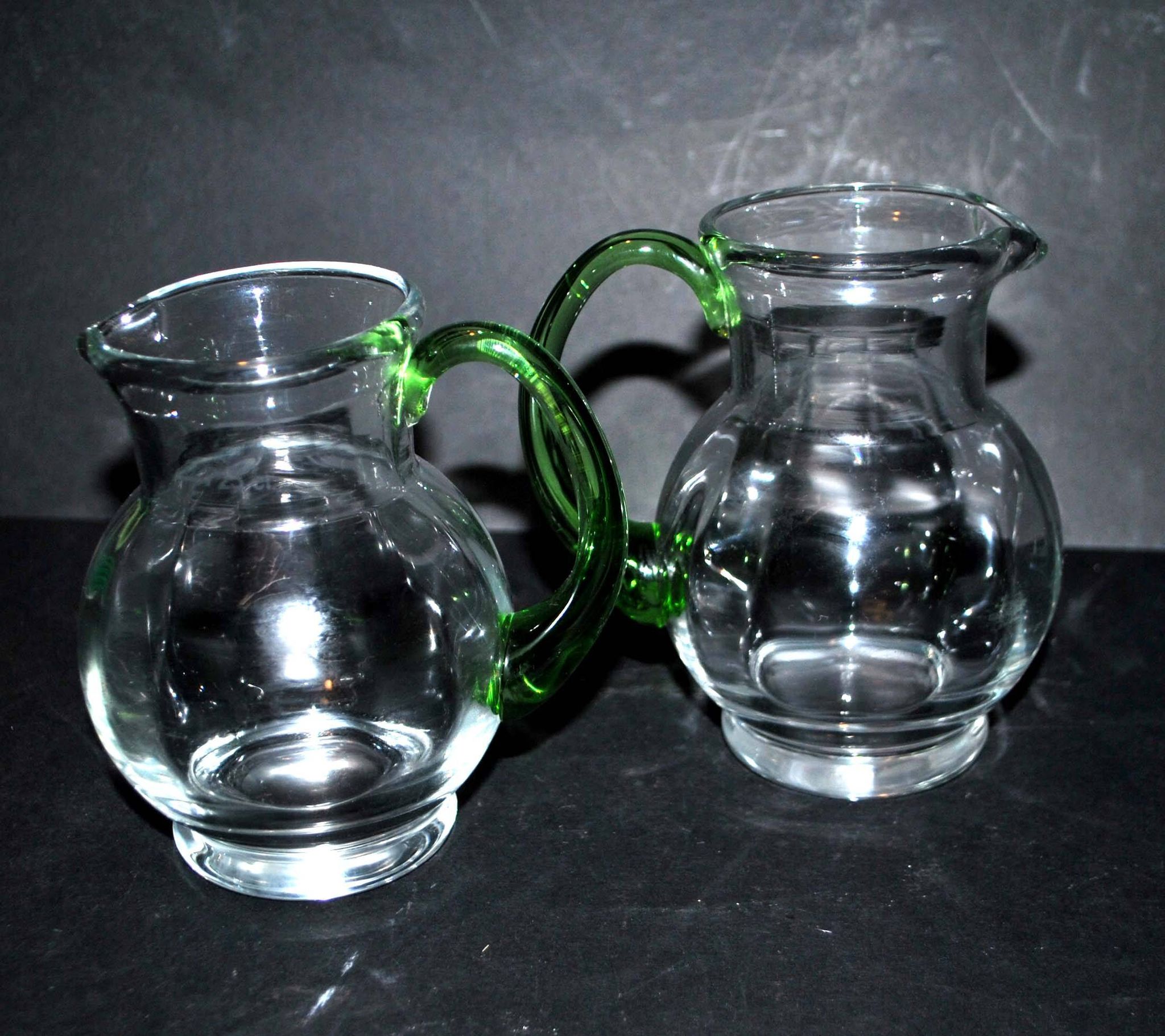 Set of 2 small blown glass wine pitchers - vintage green Alsatian balloon pitcher