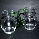 Set of 2 small blown glass wine pitchers - vintage green Alsatian balloon pitcher