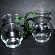 Set of 2 small blown glass wine pitchers - vintage green Alsatian balloon pitcher
