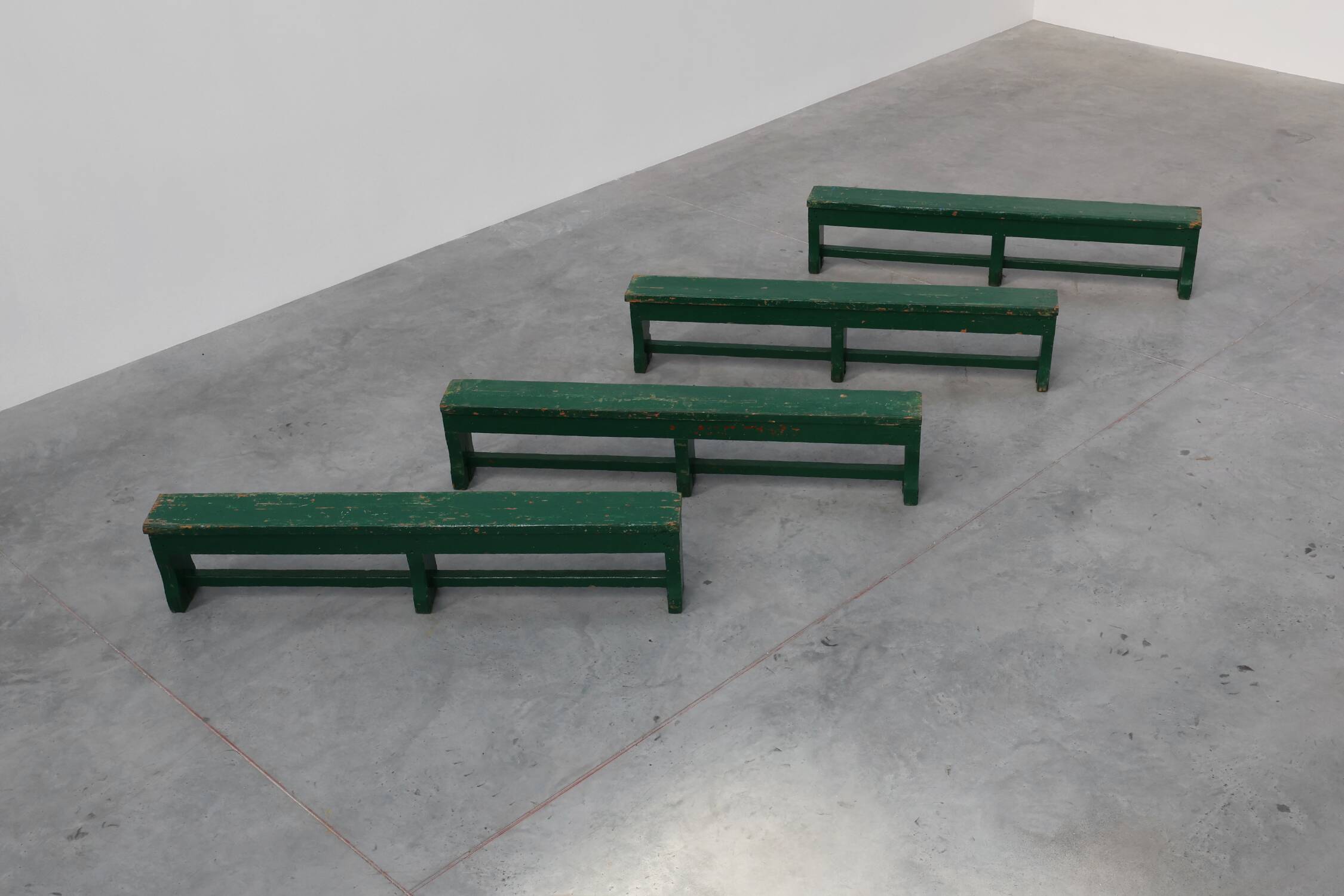 Rustic primitive green farmhouse bench in solid oak, France ca. 1900