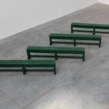 Rustic primitive green farmhouse bench in solid oak, France ca. 1900