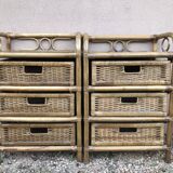 Pair of vintage bedside tables, with 3 drawers, bamboo and rattan